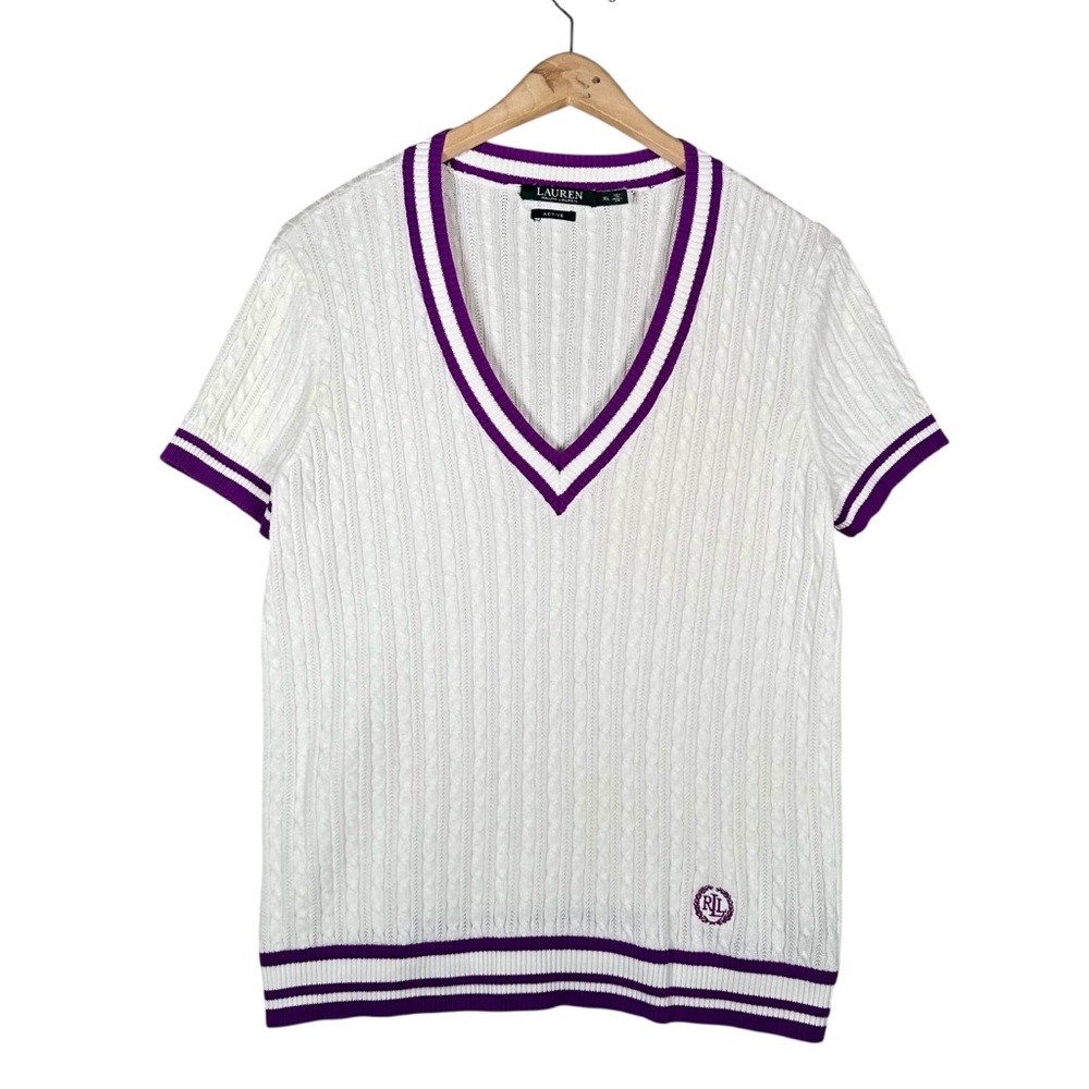 RALPH LAUREN Vintage Embroidered logo Cable Knit Short Sleeve Cricket Sweater